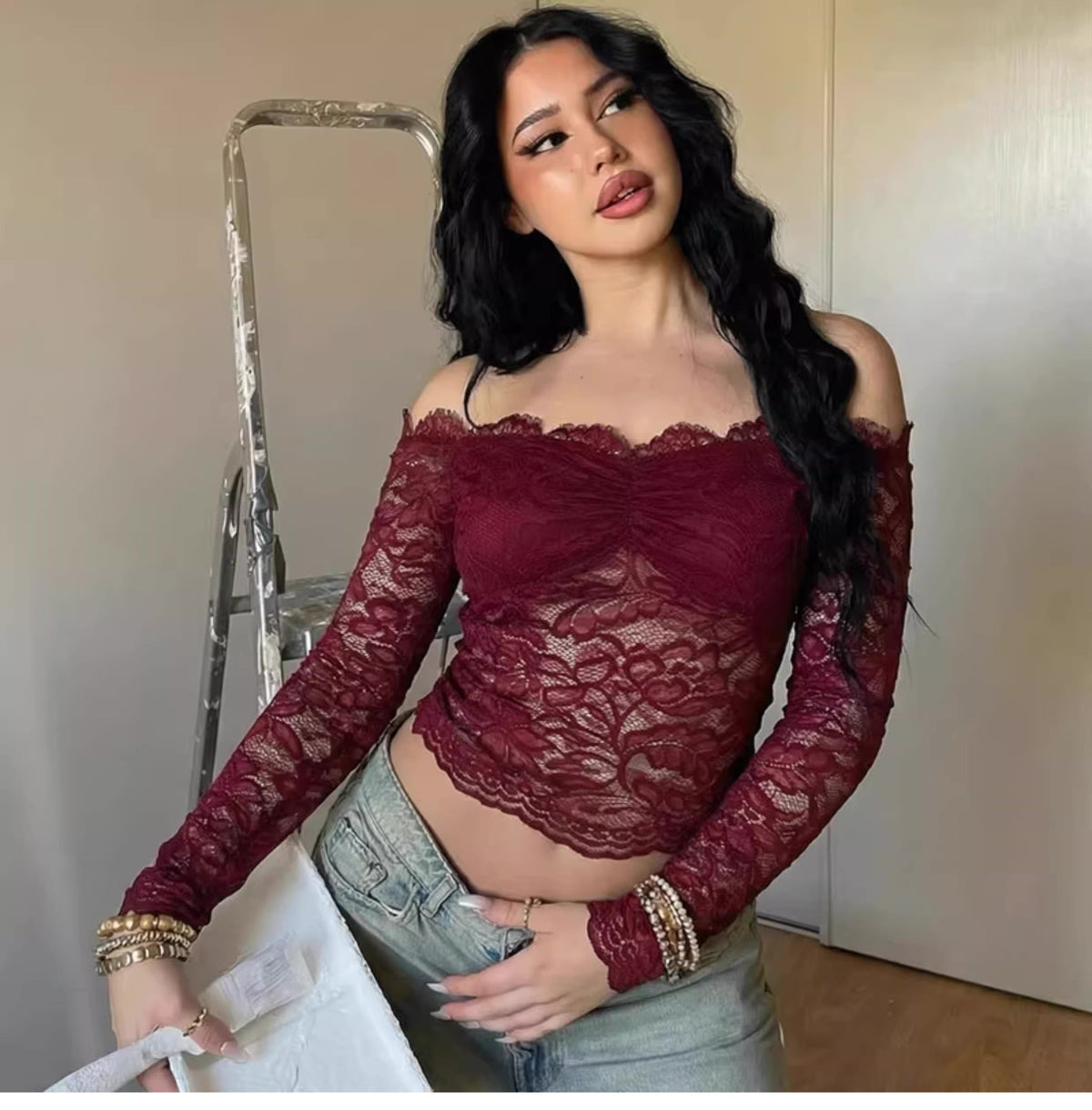Lace Off-Shoulder Long Sleeve Top