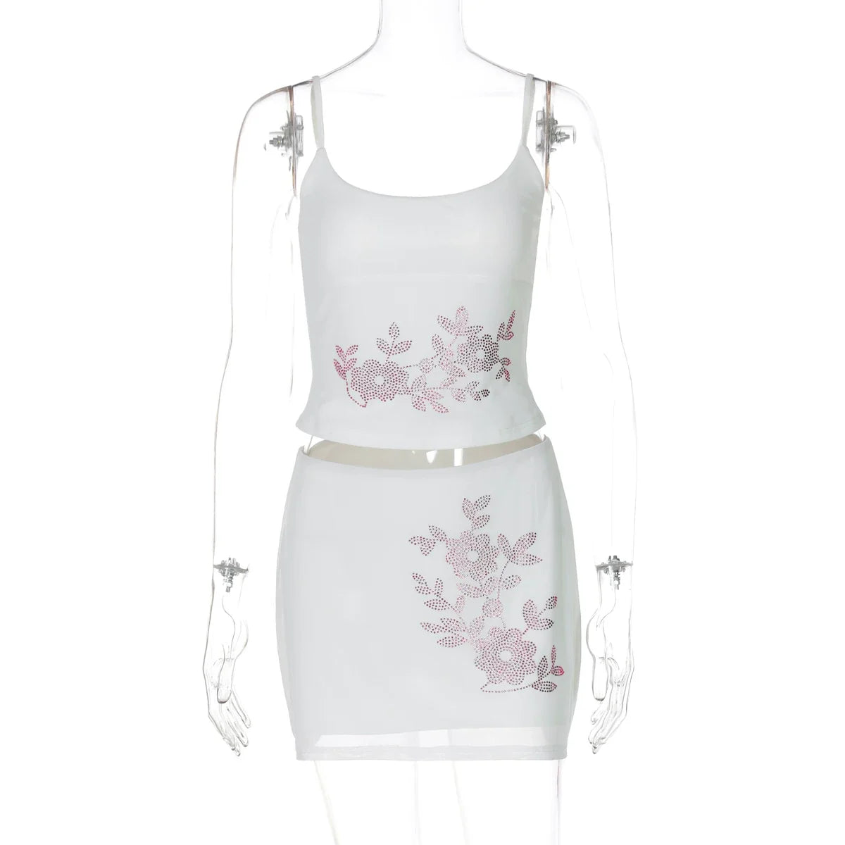 Floral Rhinestone Mesh Skirt Set