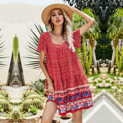 Square Neck Tiered Smock Floral Border Print Babydoll Mini Dress
