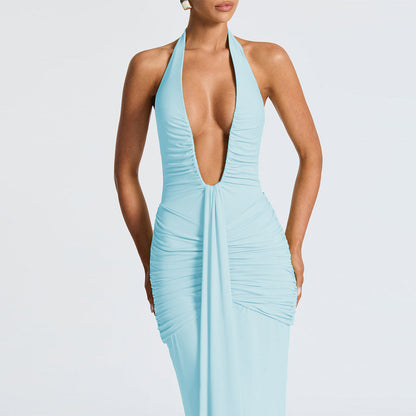 Halter Deep V Ruched Hip Gather Front Panel Drape Maxi Gown