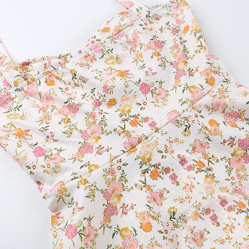 Floral Bustier Lace-Up Cami Strap Flared Midi Dress