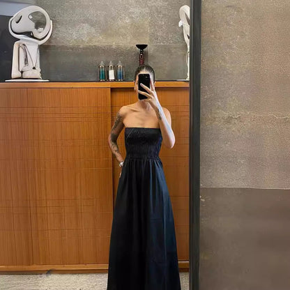 Strapless Shirred Smocked Bodice Flowy Maxi Dress