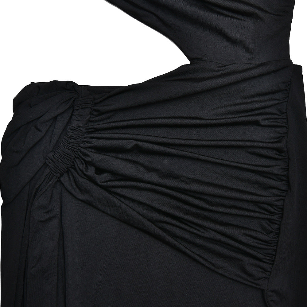 One Shoulder Triangular Cutout Ruched Hip Twist Drape Maxi Dress