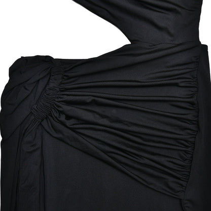 One Shoulder Triangular Cutout Ruched Hip Twist Drape Maxi Dress