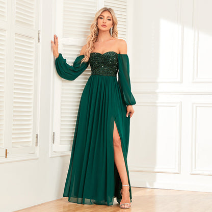Off Shoulder Sequin Bodice Sheer Chiffon Bishop Sleeve Lace Up Maxi Dress