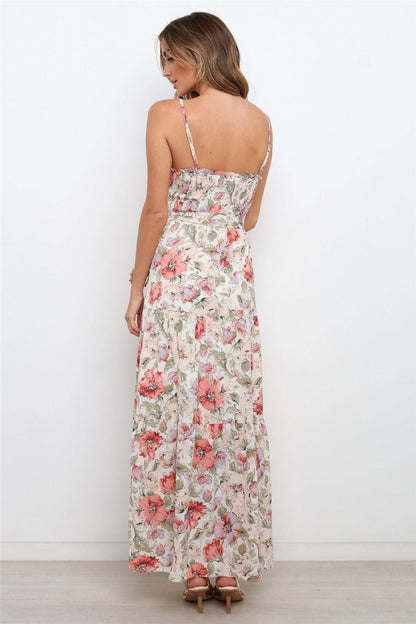 Spaghetti Strap Smocked Tie Waist Tiered Floral Maxi Dress