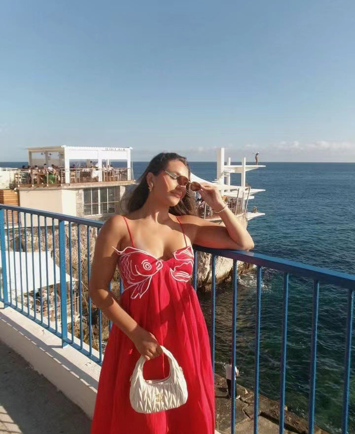 Spaghetti Strap Koi Fish Embroidered Pleated Maxi Dress