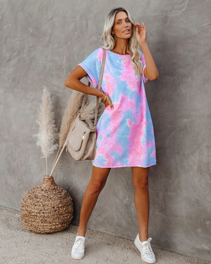 Crew Neck Rolled Cuff Short Sleeve Tie Dye Oversized T-Shirt Mini Dress