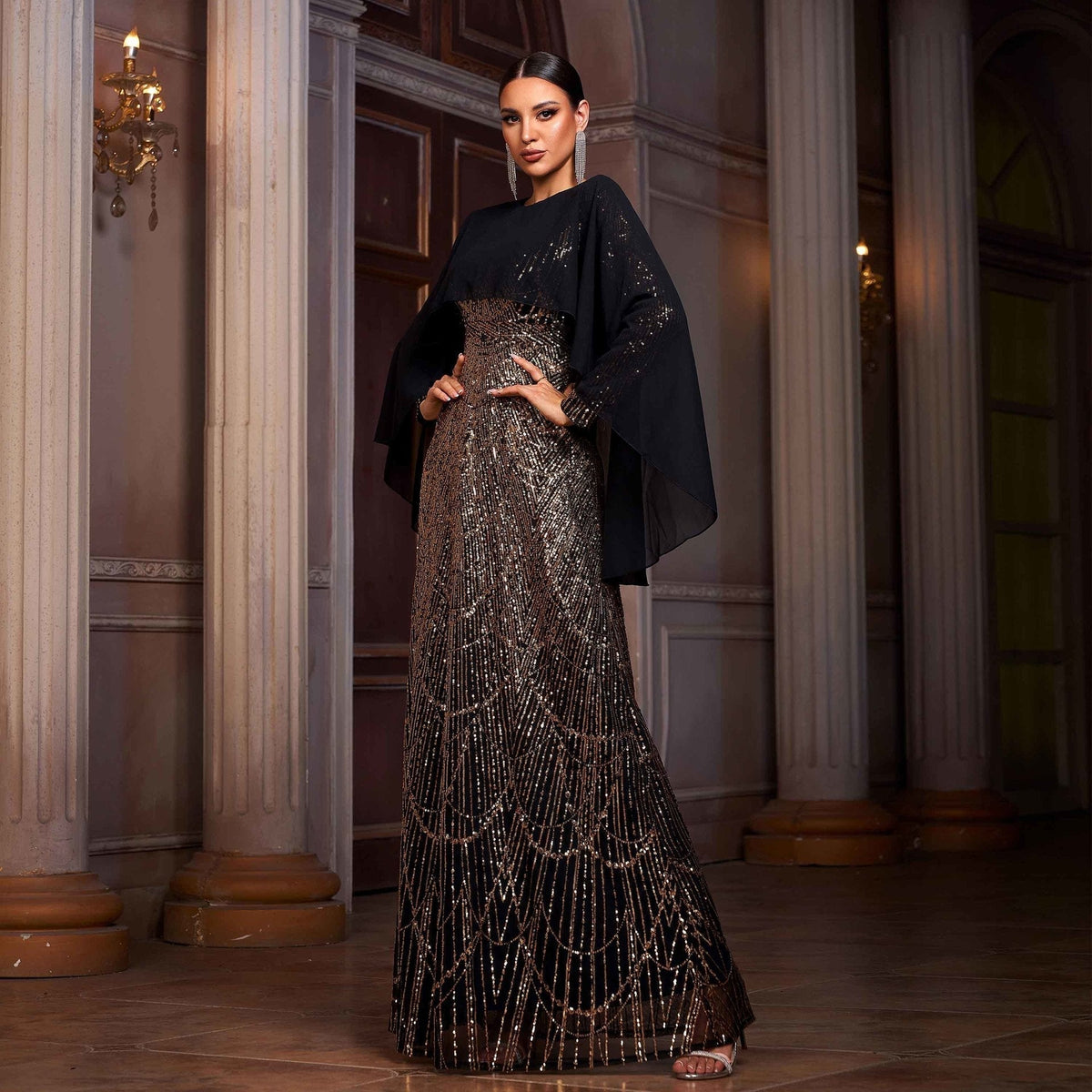 Sequin Geometric Art Deco Capelet Overlay Long Sleeve Column Gown