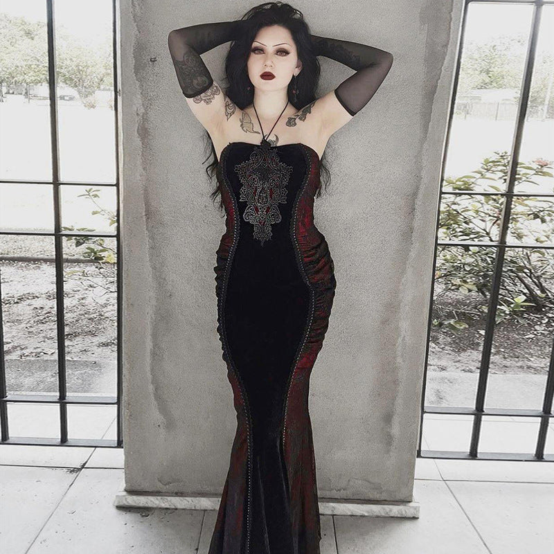 Sweetheart Lace Overlay Ruched Side Panel Velvet Mermaid Maxi Gown