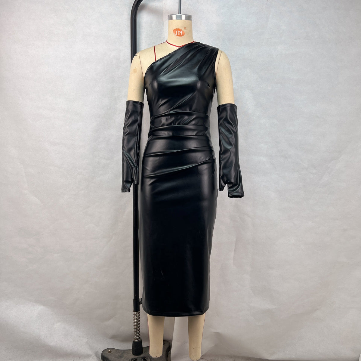 One Shoulder Faux Leather Ruched Waist Column Midi Dress
