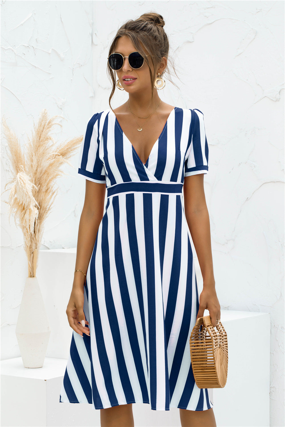 Surplice V Neck Short Sleeve Vertical Stripe Midi Dress