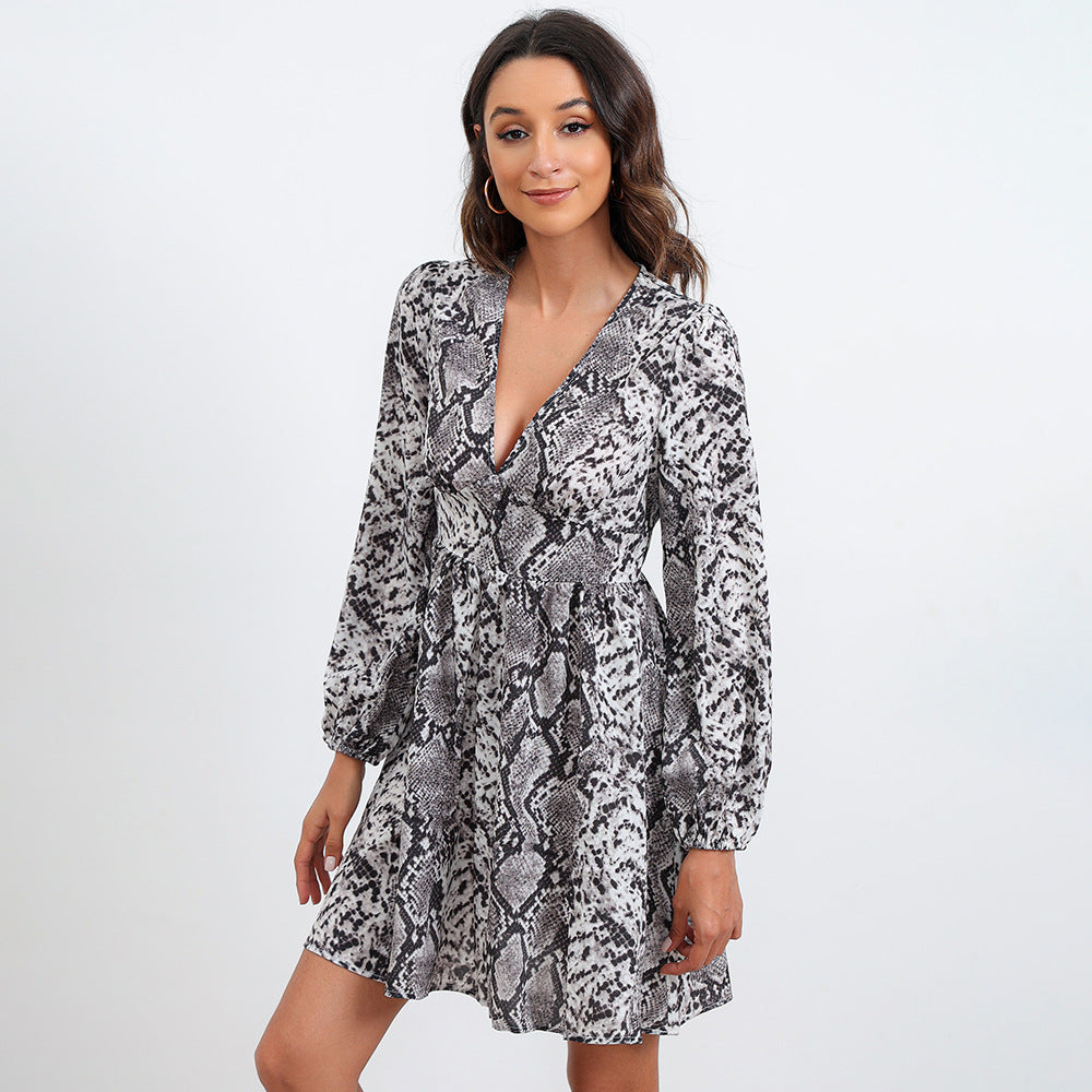 Deep V Neck Python Print Empire Waist Flare Sleeve Mini Dress