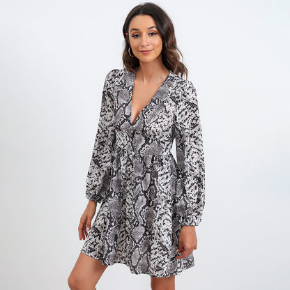 Deep V Neck Python Print Empire Waist Flare Sleeve Mini Dress