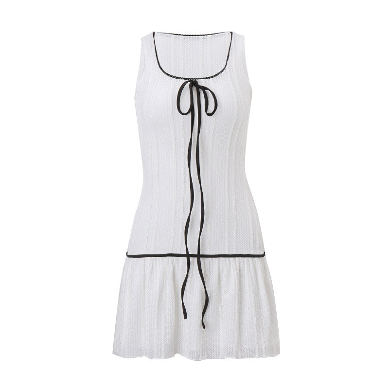 Scoop Neck Ribbon Bow Dropped Waist Pleated Rib Knit Mini Dress