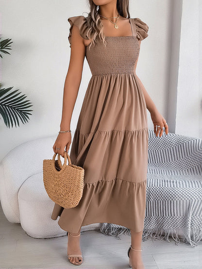 Khaki Off Shoulder Embroidered Floral Tiered Maxi Dress