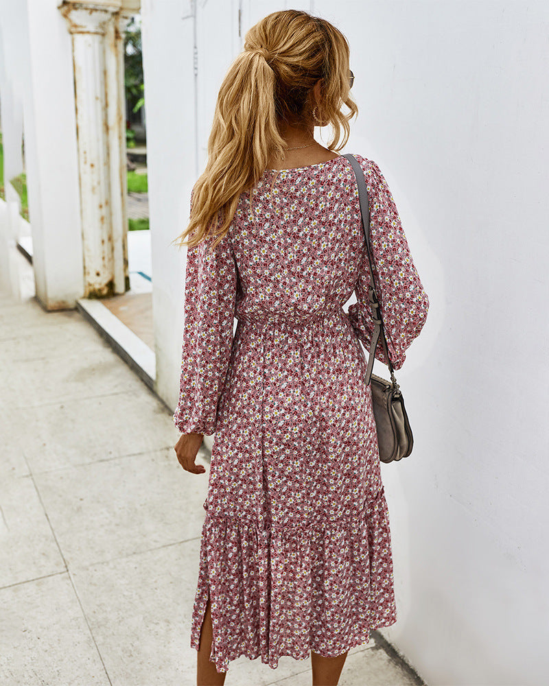 Square Neck Bishop Sleeve Tiered Ditsy Floral Midi Dress