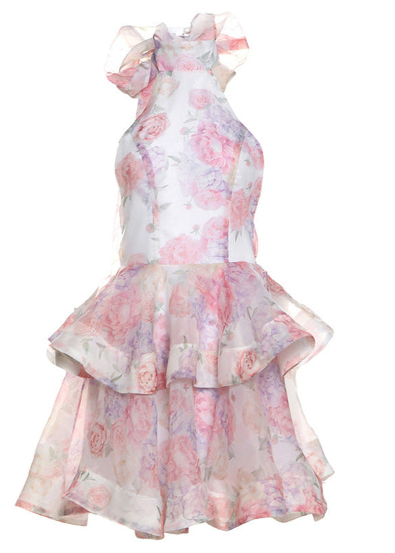 High Neck Halter Tiered Ruffle Floral Print Mini Dress