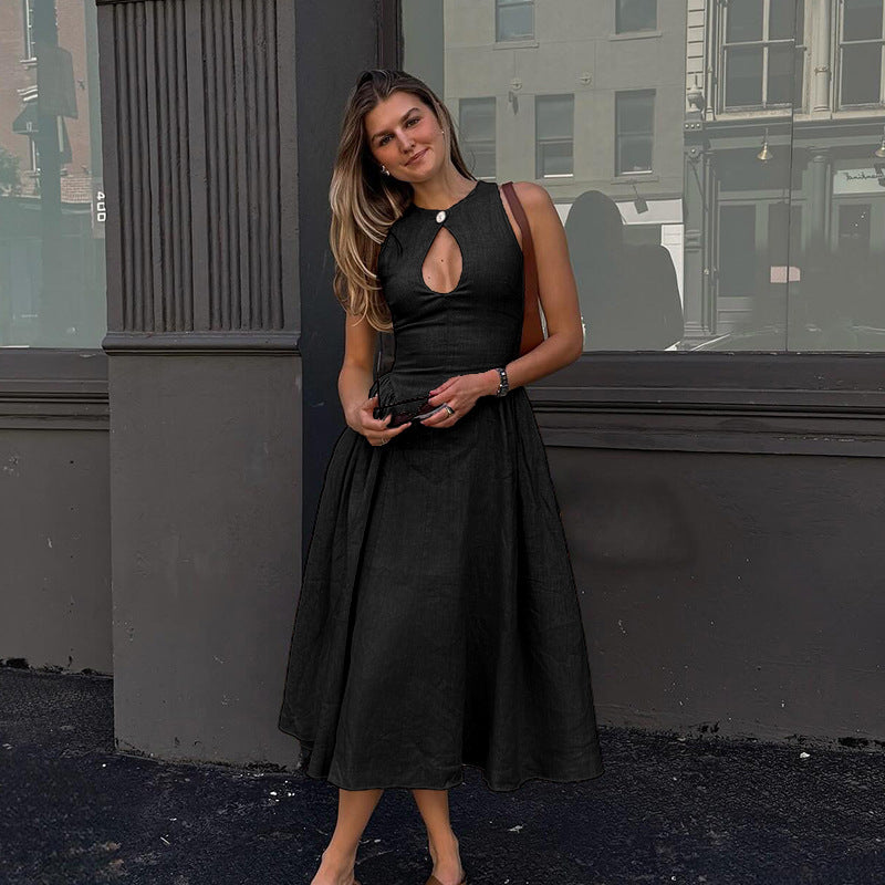Keyhole Cutout High Neck Smocked Waist A Line Midi Dress