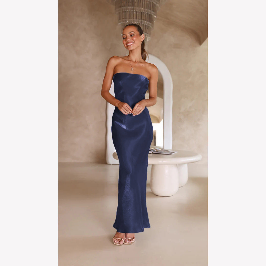 Strapless Bandeau Satin Column Slip Maxi Dress