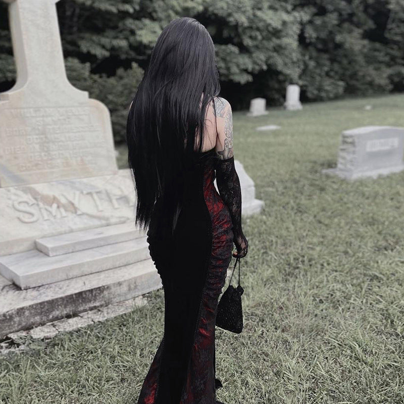Sweetheart Lace Overlay Ruched Side Panel Velvet Mermaid Maxi Gown