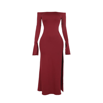 Off Shoulder Long Sleeve High Slit Bodycon Maxi Gown