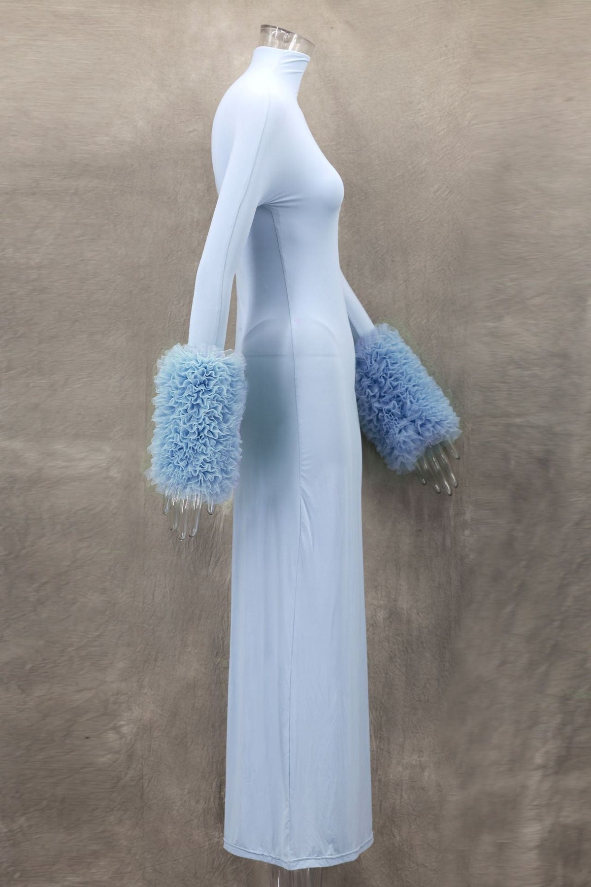 Mock Neck Ribbed Knit Oversized Ruffle Cuff Column Maxi Gown