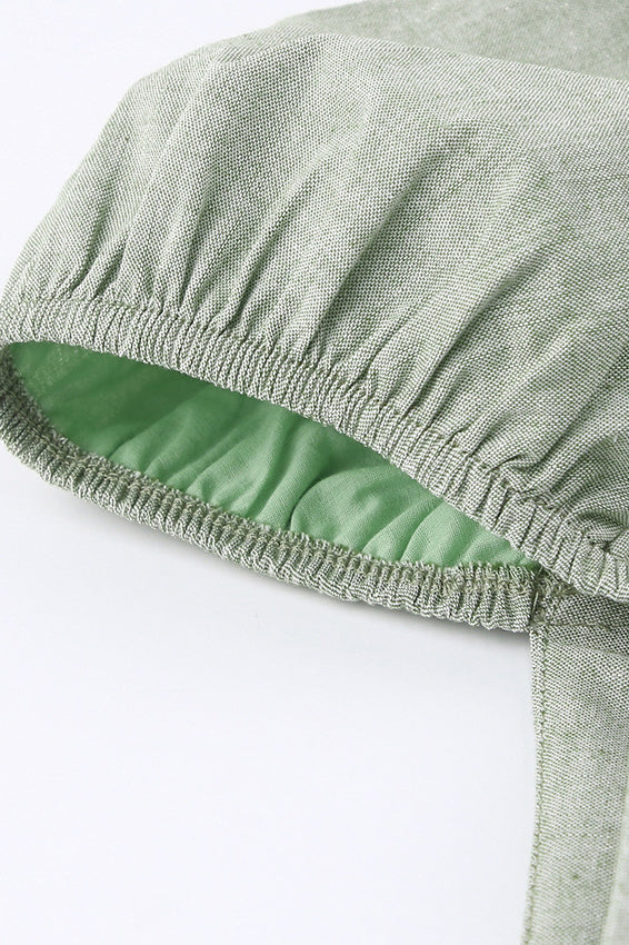 Green Square Neck Puff Sleeve Linen Babydoll Mini Dress 2