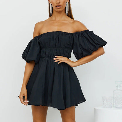 Off Shoulder Puff Sleeve Smocked Shirred Fit And Flare Mini Dress