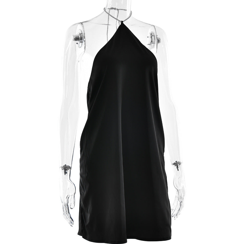 Halter Rhinestone Chain Neck Satin Shift Mini Dress