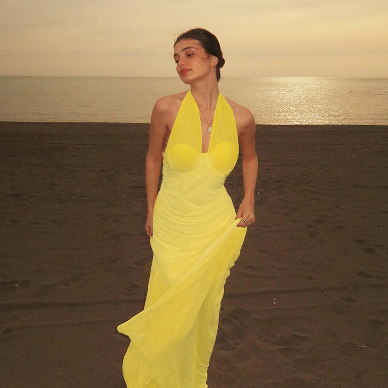 Halter Keyhole Ruched Bustier Mesh Skirt Column Maxi Gown
