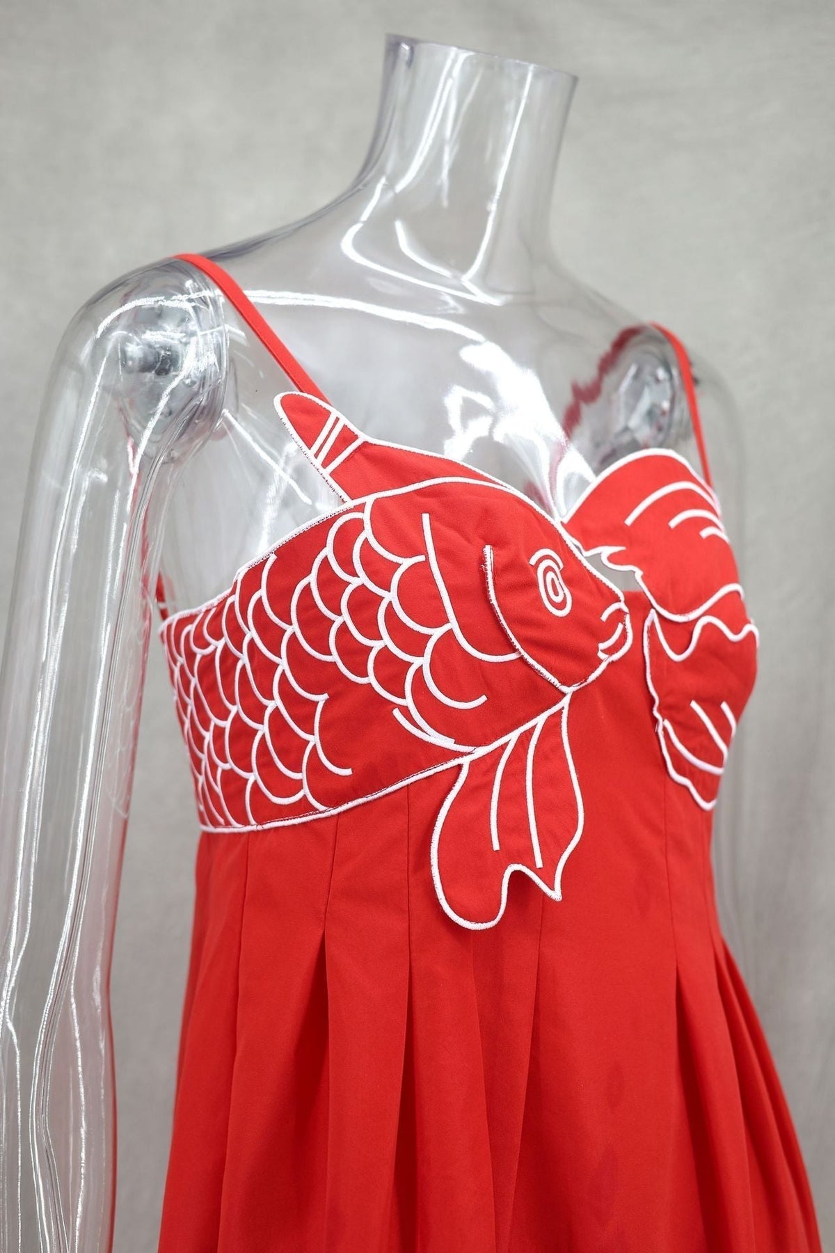 Spaghetti Strap Koi Fish Embroidered Pleated Maxi Dress