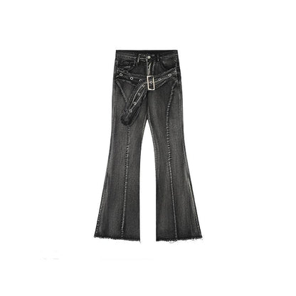 Rayohopp Retro Flared Denim Jeans - Distressed Gray Wash With Detachable Belt And Raw Hem