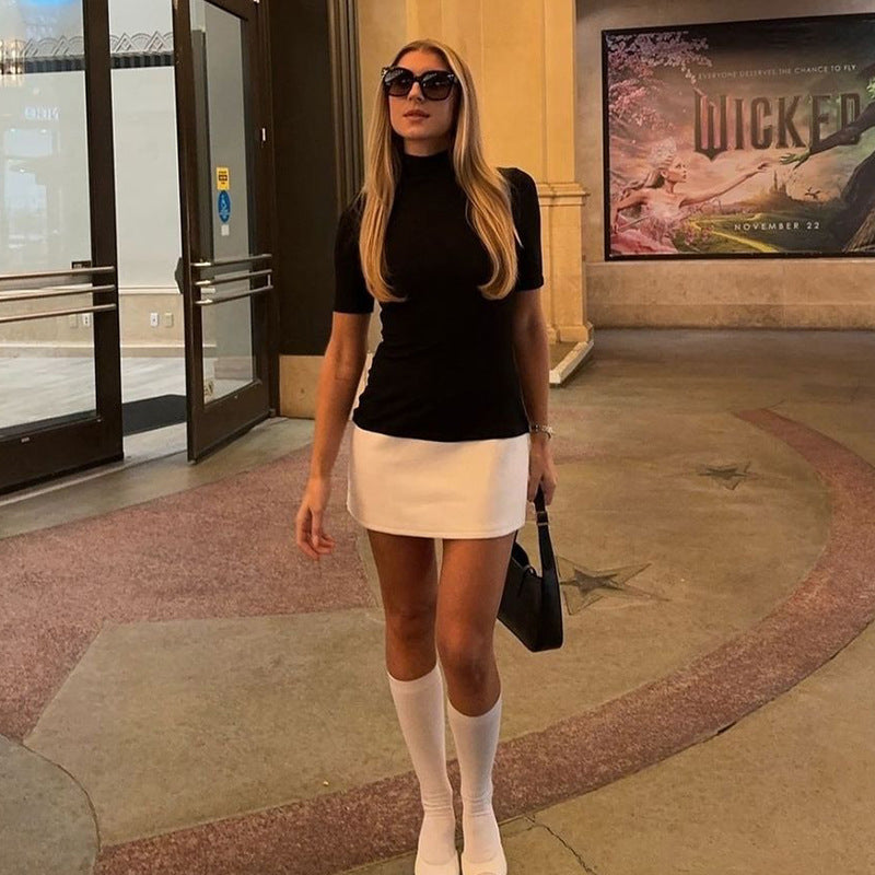 Mock Neck Short Sleeve Colorblock Bodycon Mini Dress