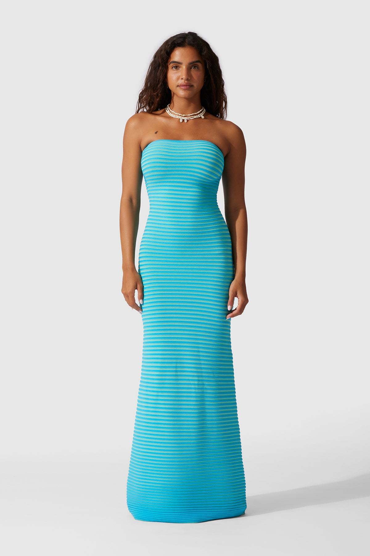 Striped Knit Strapless Bandeau Bodycon Maxi Dress