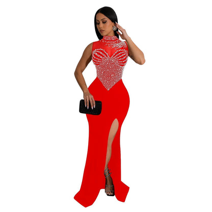 Mock Neck Rhinestone Mesh Bodice Thigh Slit Bodycon Maxi Dress