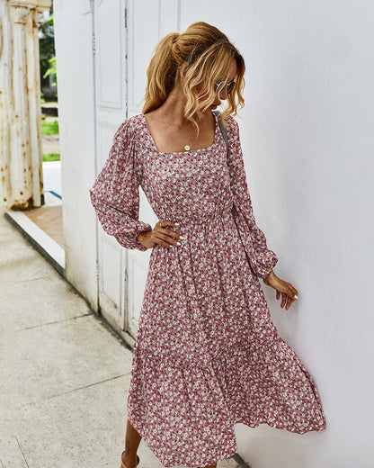 Square Neck Bishop Sleeve Tiered Ditsy Floral Midi Dress