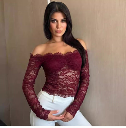 Lace Off-Shoulder Long Sleeve Top