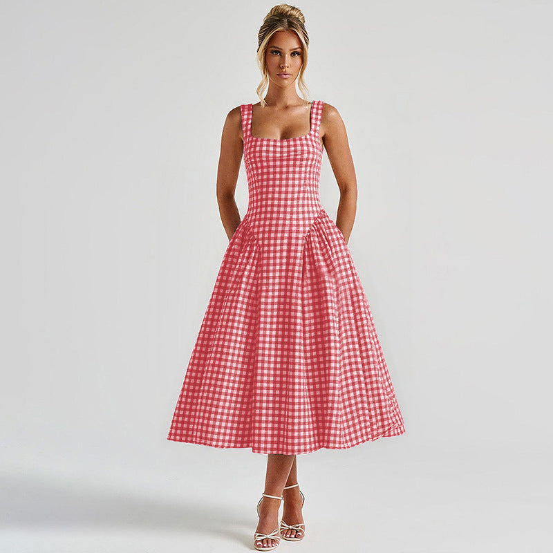 Adalae Plaid Backless Midi Dress