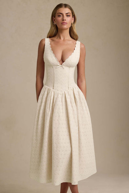 Eyelet Lace Deep V Bow Front Corset Bodice Full Skirt Midi Dress