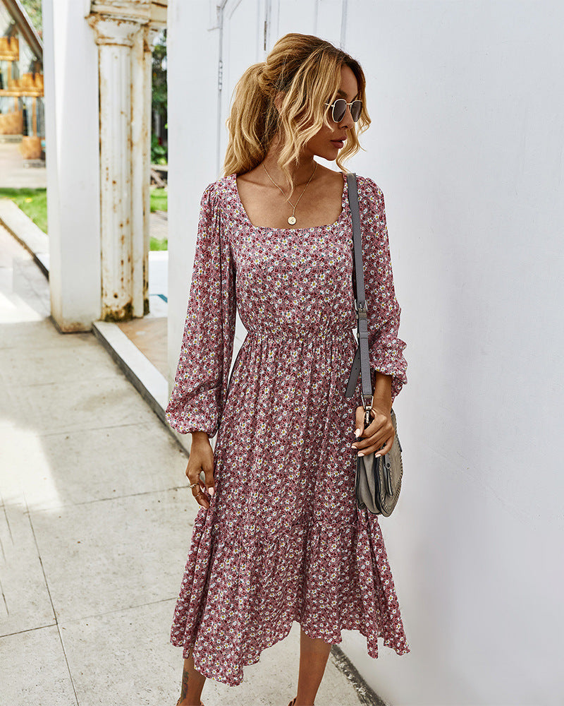 Square Neck Bishop Sleeve Tiered Ditsy Floral Midi Dress