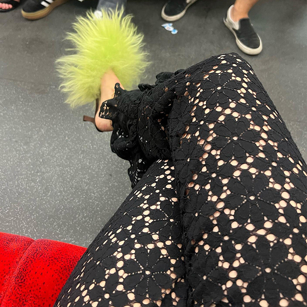 autumn and winter fashion sexy lace see-through trousers new style spliced ruffled versatile straight pants