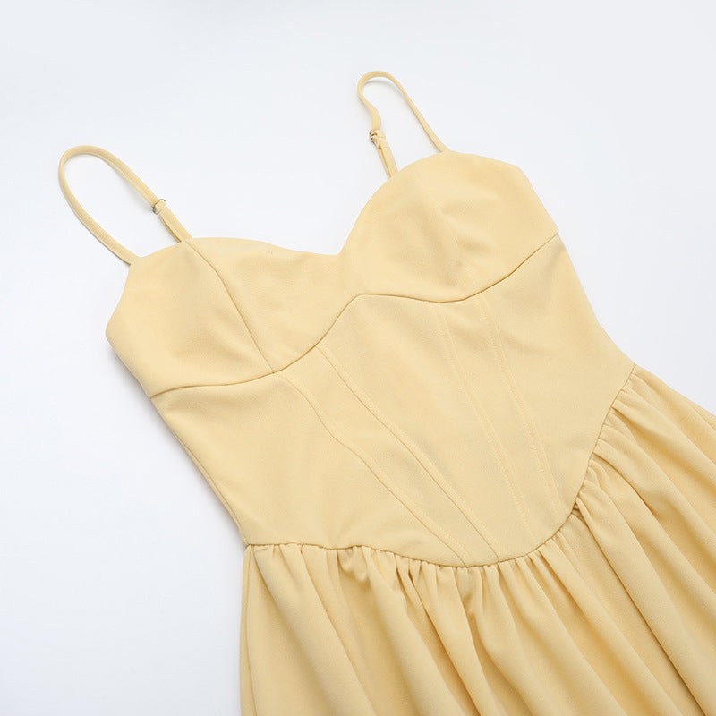Sweetheart Spaghetti Strap Corset Bodice Pleated Pocket Midi Dress