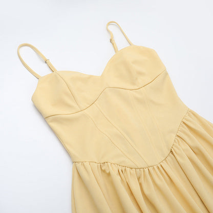 Sweetheart Spaghetti Strap Corset Bodice Pleated Pocket Midi Dress