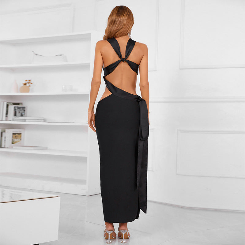 One-Shoulder Side Cutout Draped Sash High Slit Bandage Maxi Dress
