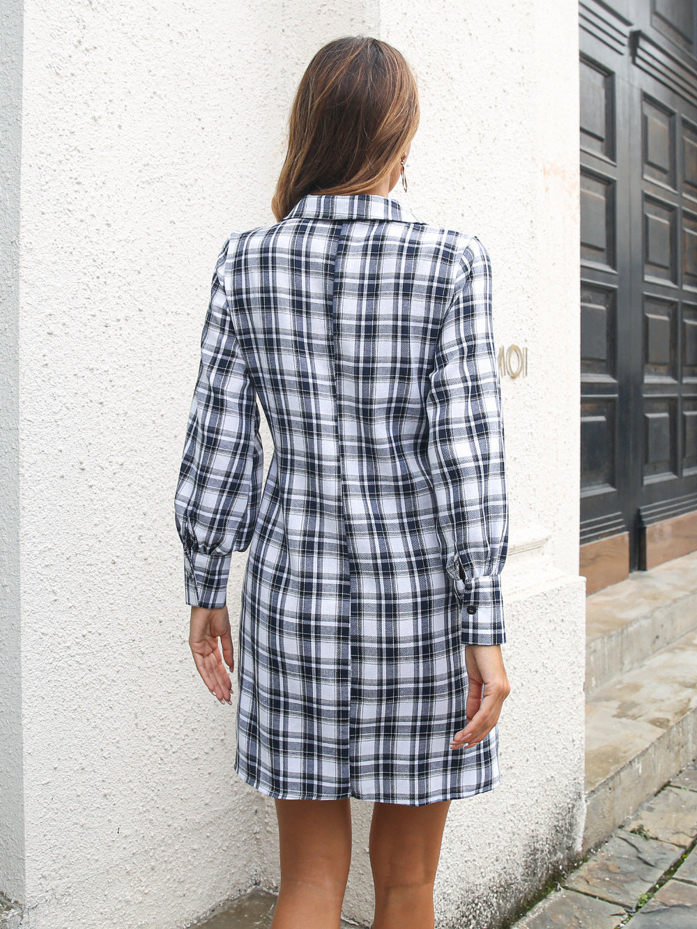 Collared Long Sleeve Tie Front Plaid Mini Shirt Dress