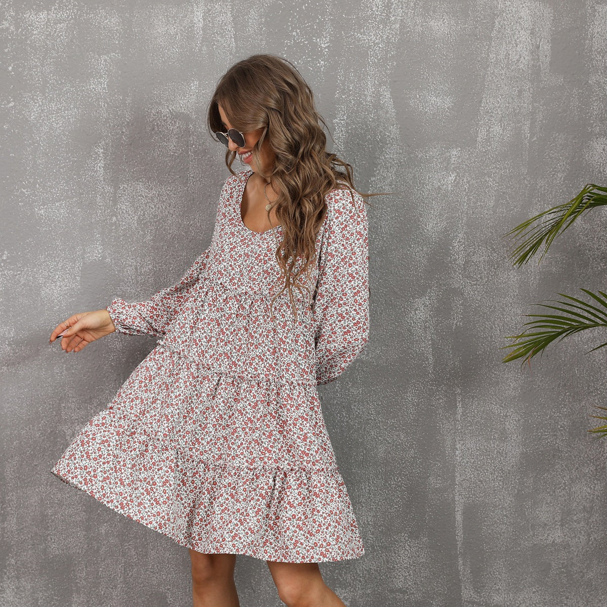 Round Neck Long Sleeve Ditsy Floral Tiered Babydoll Mini Dress