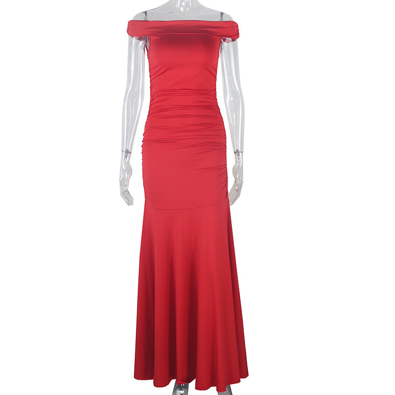 Off Shoulder Ruched Hip Mermaid Bodycon Maxi Dress