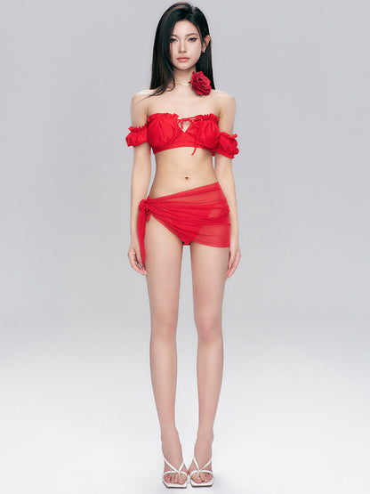 Red Off-Shoulder Ruffle Bikini Set with Sheer Sarong