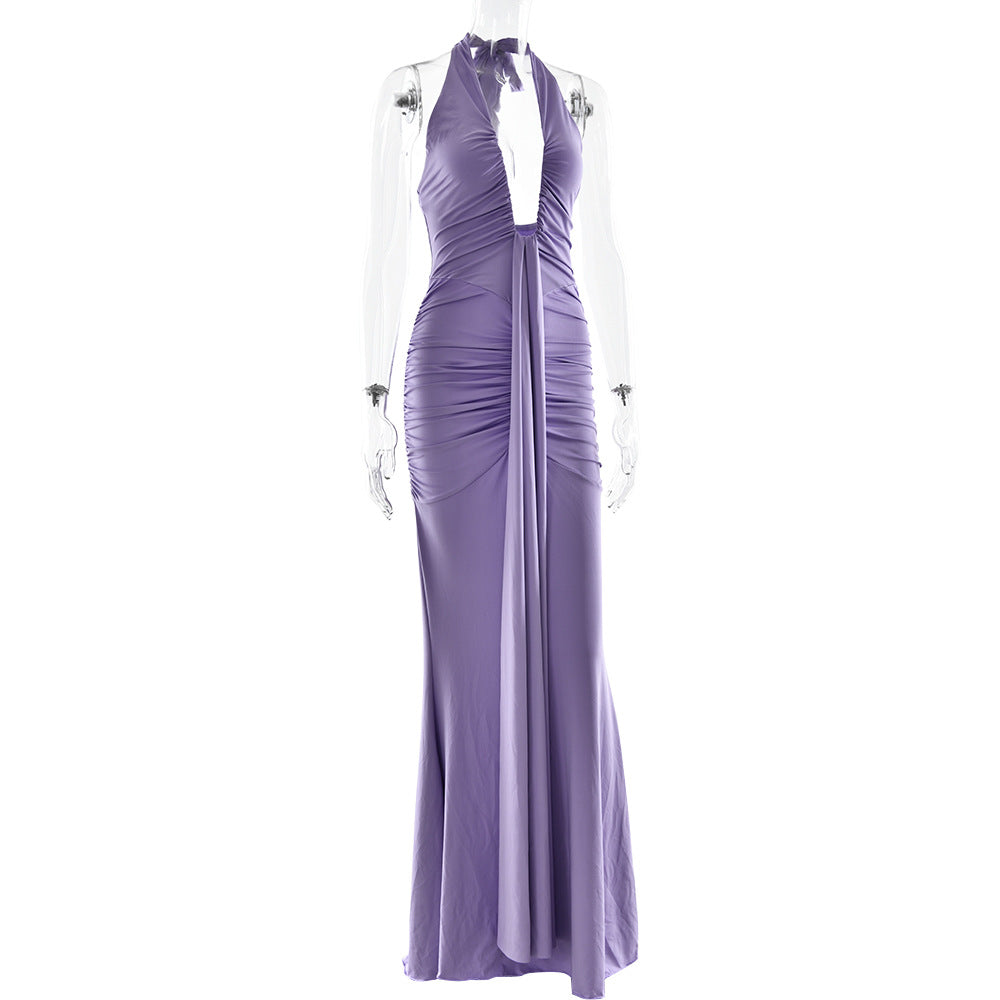 Halter Deep V Ruched Bodice Center Panel Drape Jersey Maxi Gown